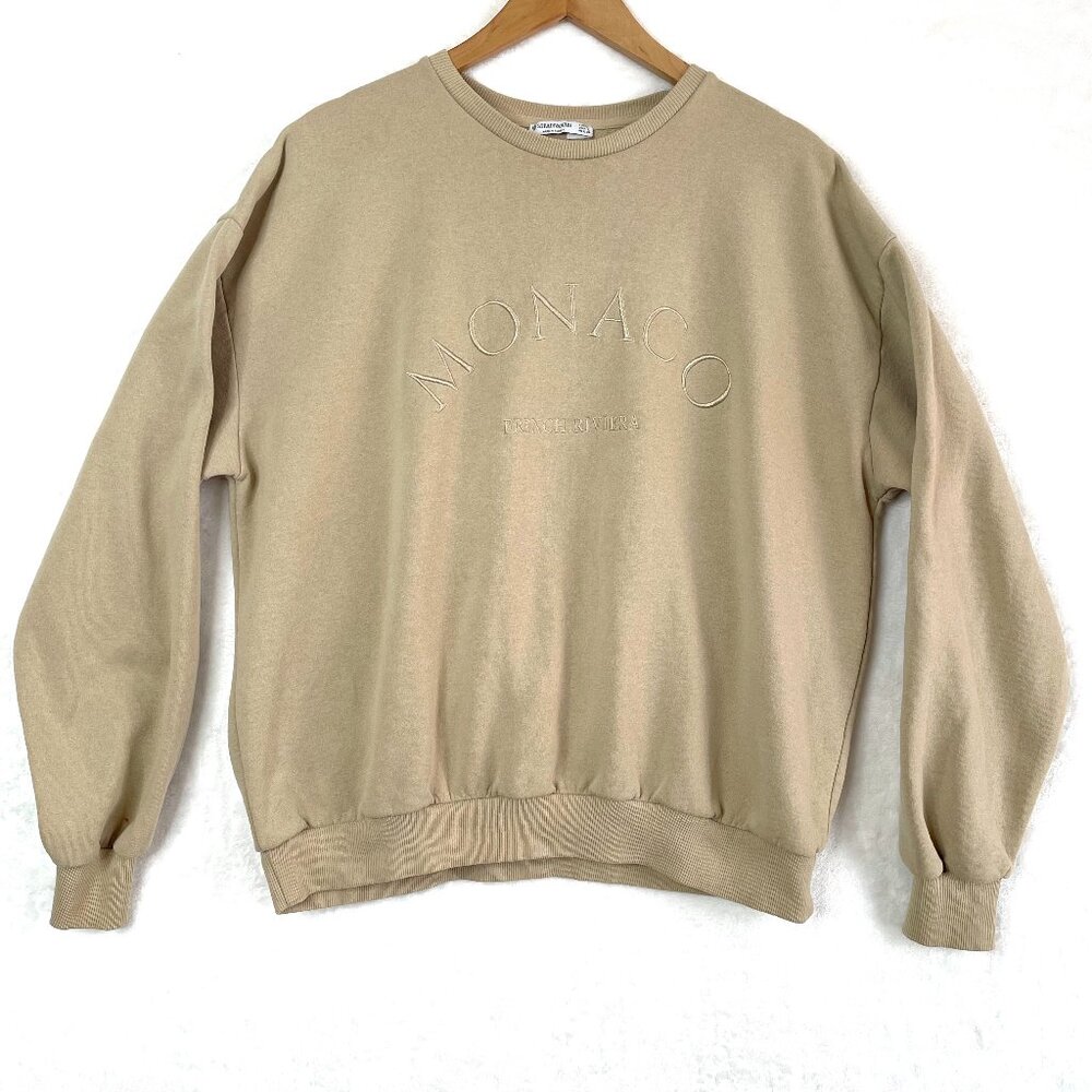 Stradivarius Pullover Monaco Oversized Sweatshirt Sweater Womens L Beige Tan